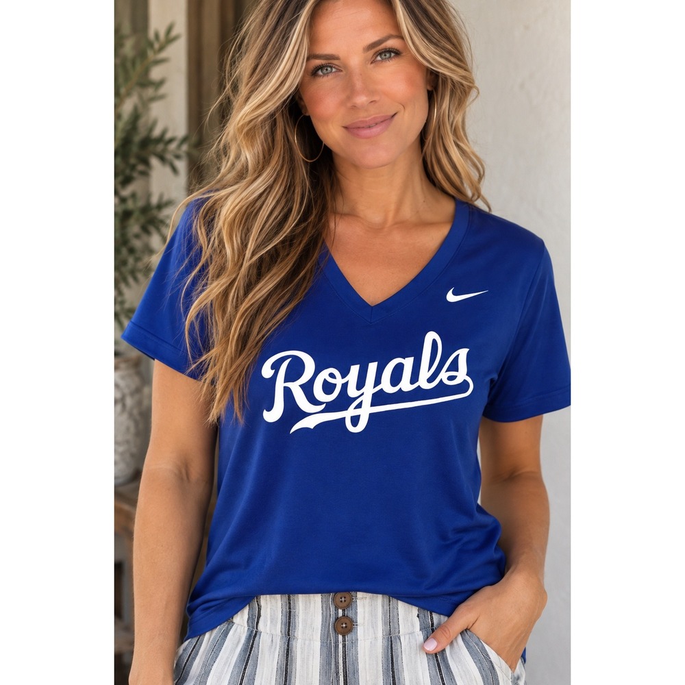 Nike Kansas City Royals Dri-FIT V-Neck T-Shirt Blue Womens XL MLB Baseball Tee